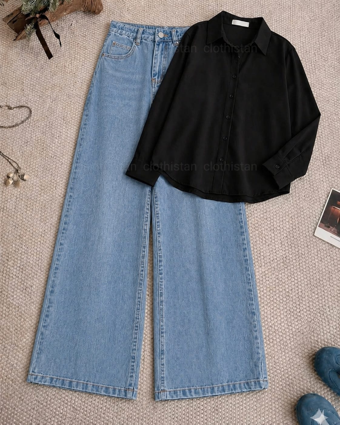 Button-Down Shirt & Sky blue Wide-Leg Jeans Pack of Two