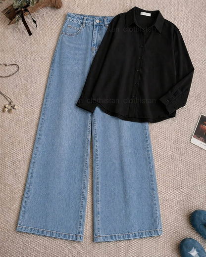Button-Down Shirt & Sky blue Wide-Leg Jeans Pack of Two
