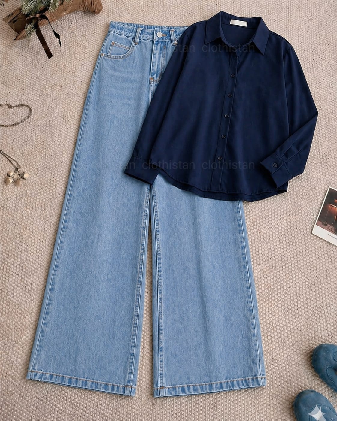 Button-Down Shirt & Sky blue Wide-Leg Jeans Pack of Two