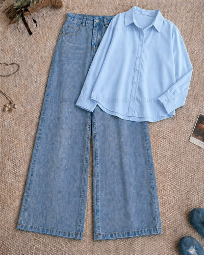 Button-Down Shirt & Sky blue Wide-Leg Jeans Pack of Two
