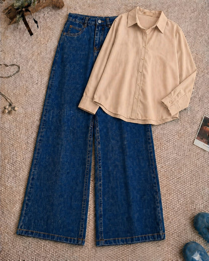 Button-Down Shirt & Dark blue Wide-Leg Jeans Pack of Two