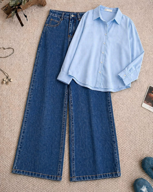 Button-Down Shirt & Dark blue Wide-Leg Jeans Pack of Two
