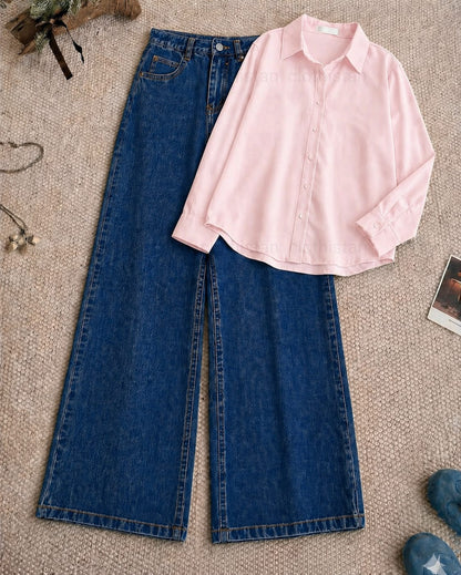 Button-Down Shirt & Dark blue Wide-Leg Jeans Pack of Two
