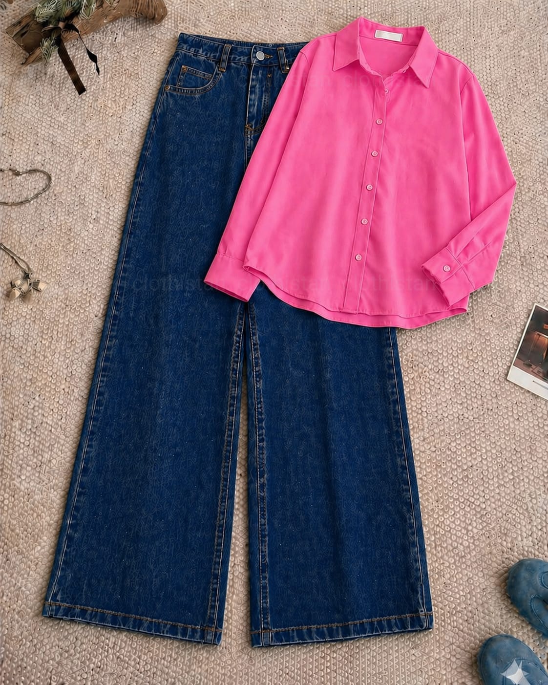 Button-Down Shirt & Dark blue Wide-Leg Jeans Pack of Two