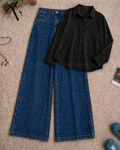 Button-Down Shirt & Dark blue Wide-Leg Jeans Pack of Two
