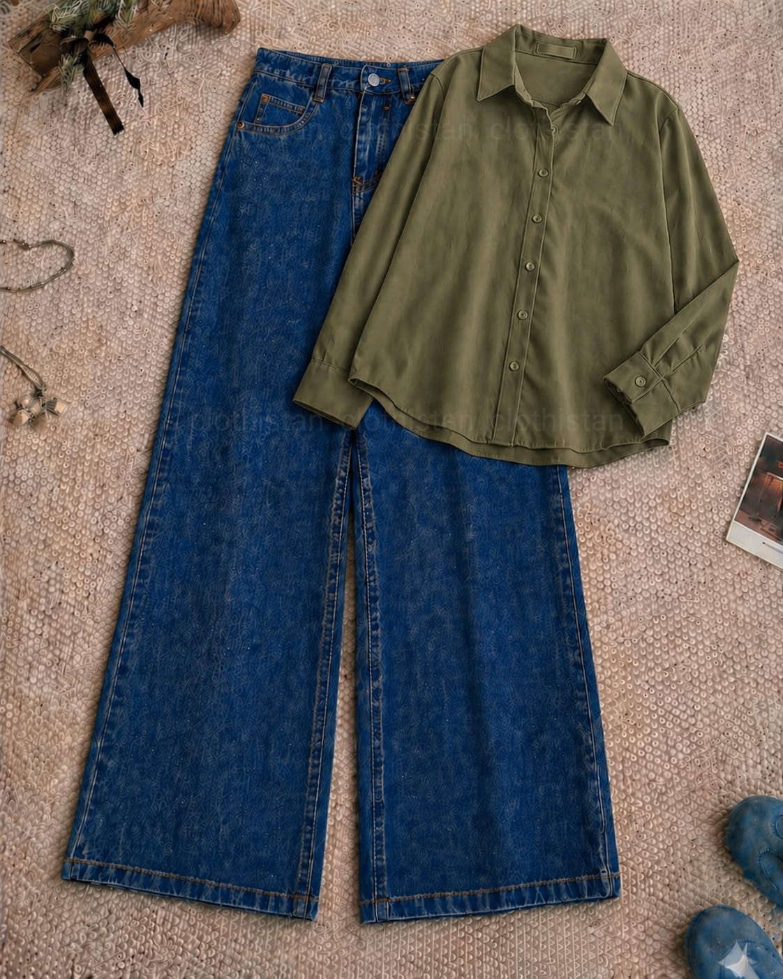 Button-Down Shirt & Dark blue Wide-Leg Jeans Pack of Two
