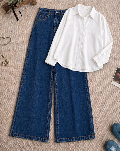Button-Down Shirt & Dark blue Wide-Leg Jeans Pack of Two