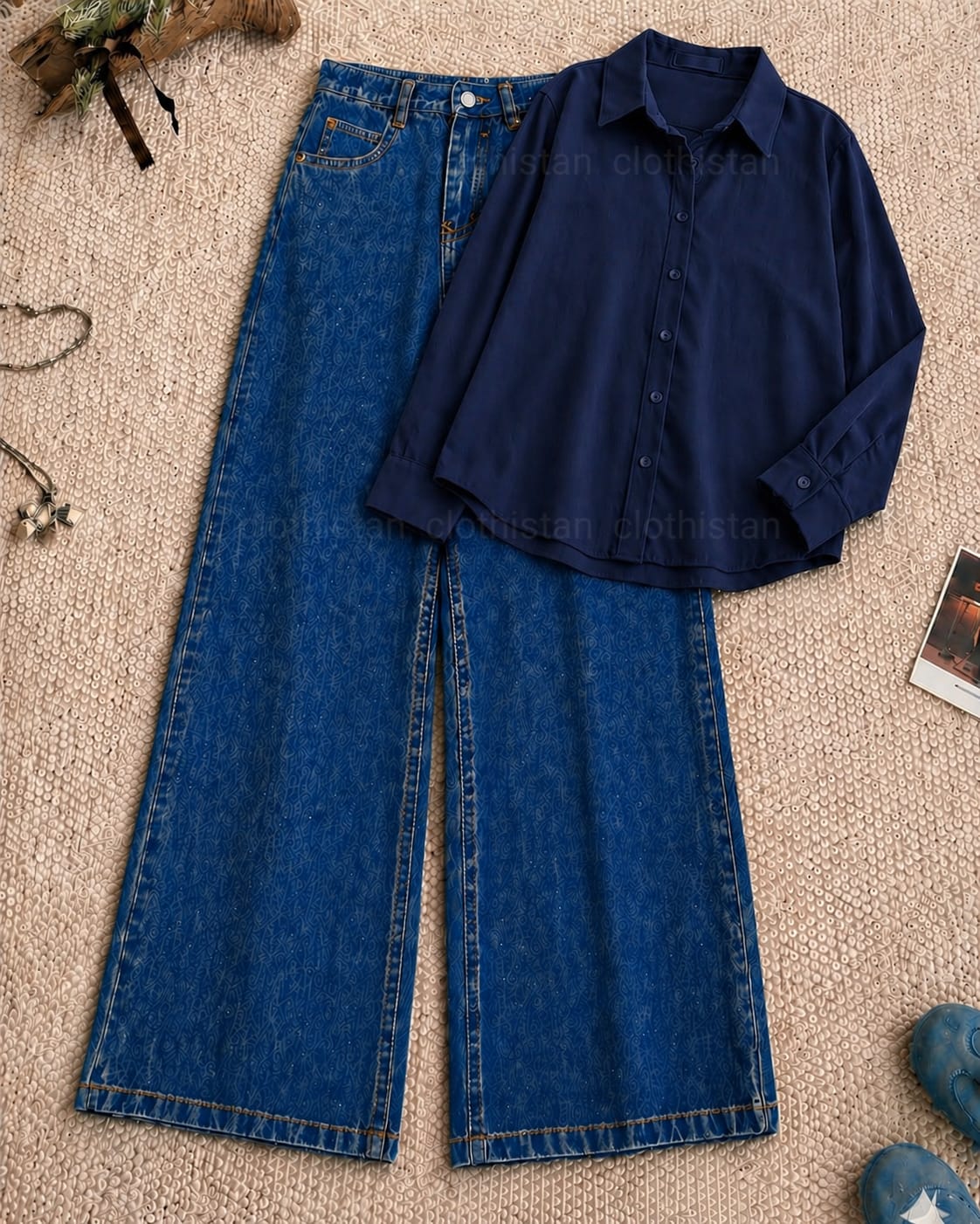 Button-Down Shirt & Dark blue Wide-Leg Jeans Pack of Two