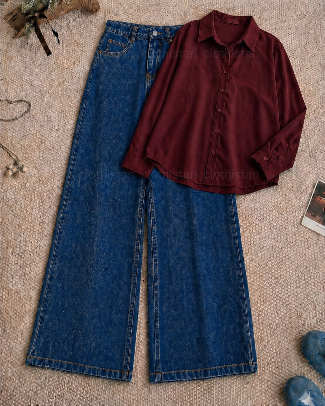 Button-Down Shirt & Dark blue Wide-Leg Jeans Pack of Two