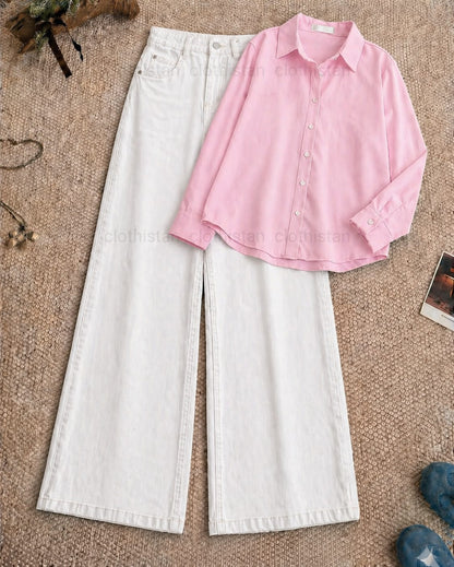 Button-Down Shirt & White Wide-Leg Jeans Pack of Two