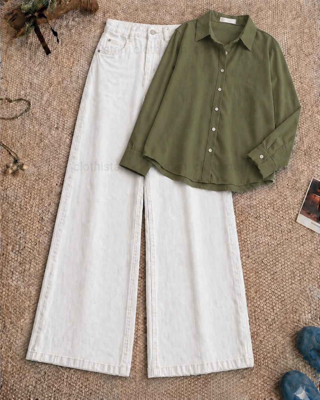 Button-Down Shirt & White Wide-Leg Jeans Pack of Two