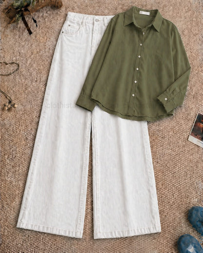 Button-Down Shirt & White Wide-Leg Jeans Pack of Two