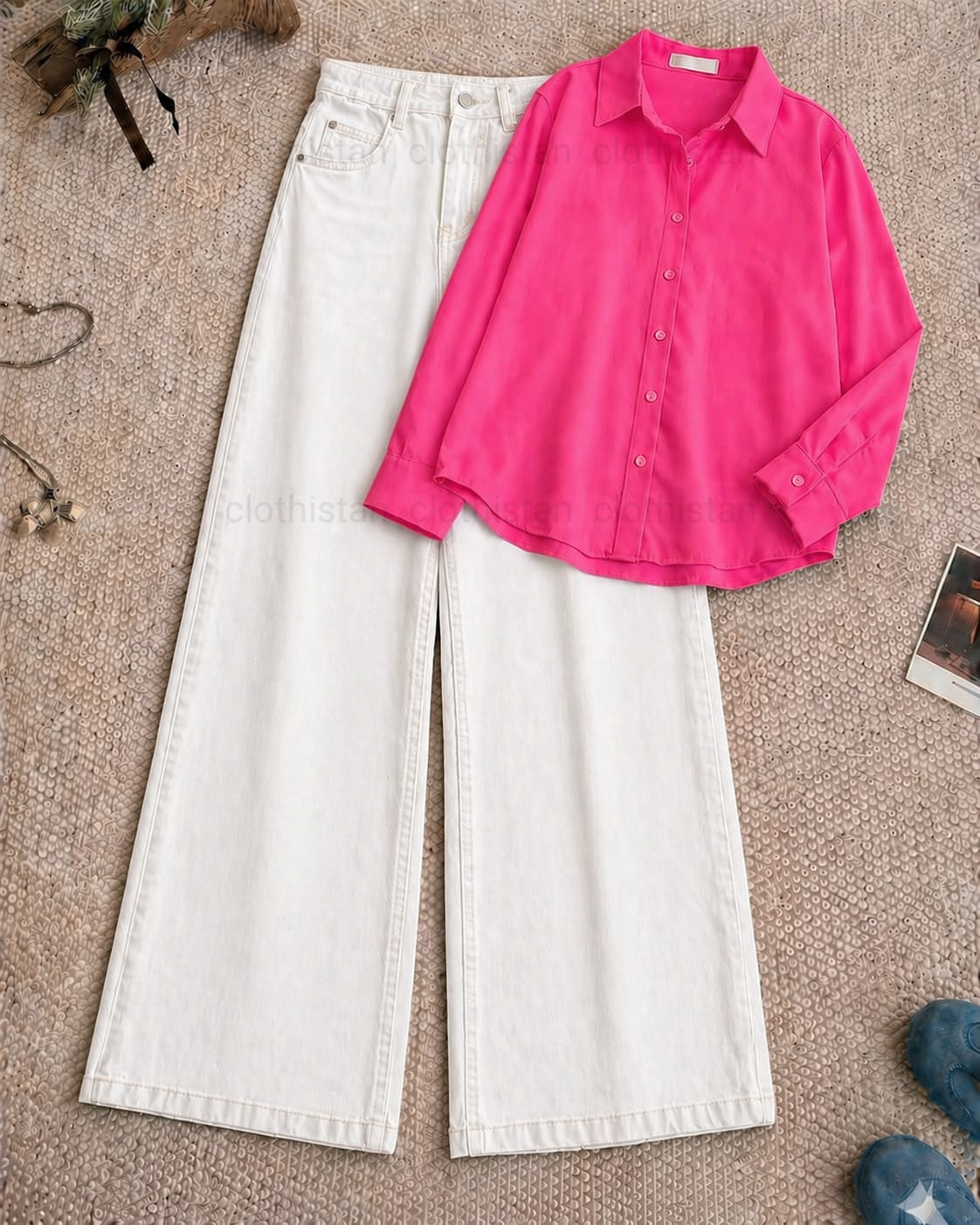 Button-Down Shirt & White Wide-Leg Jeans Pack of Two