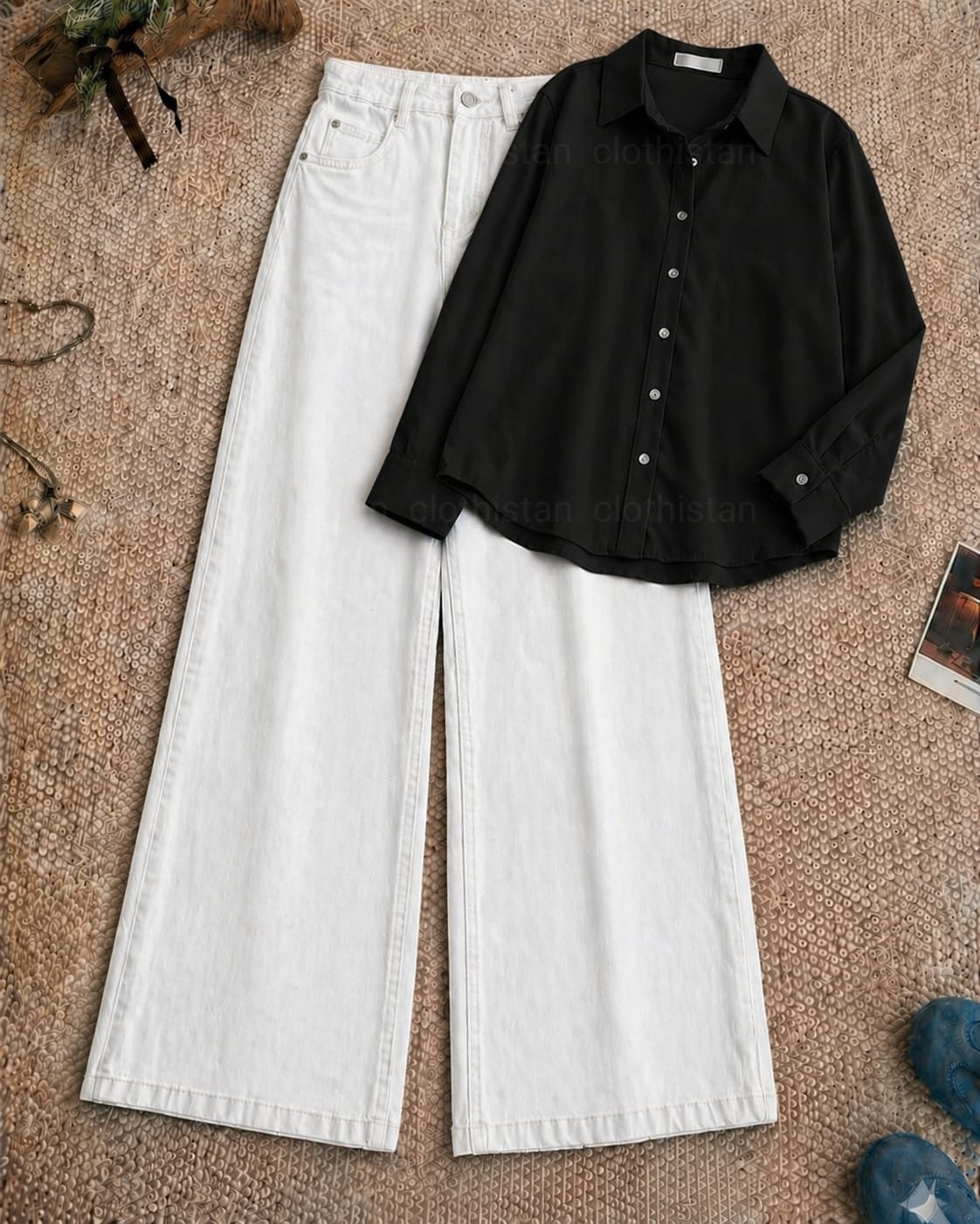 Button-Down Shirt & White Wide-Leg Jeans Pack of Two