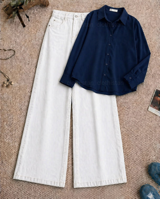 Button-Down Shirt & White Wide-Leg Jeans Pack of Two