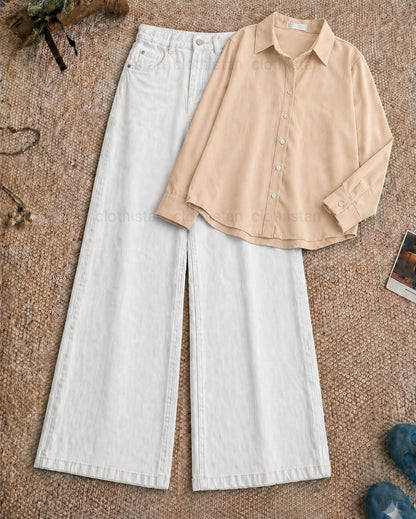 Button-Down Shirt & White Wide-Leg Jeans Pack of Two