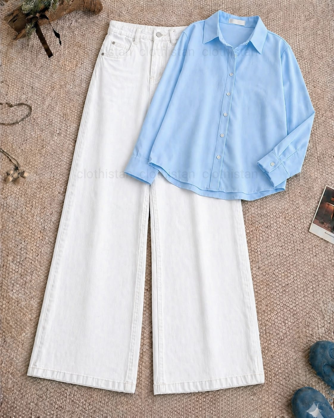 Button-Down Shirt & White Wide-Leg Jeans Pack of Two