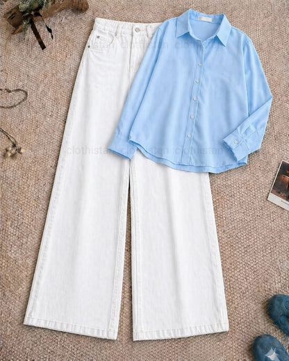 Button-Down Shirt & White Wide-Leg Jeans Pack of Two