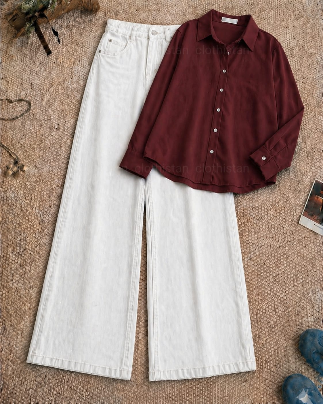 Button-Down Shirt & White Wide-Leg Jeans Pack of Two