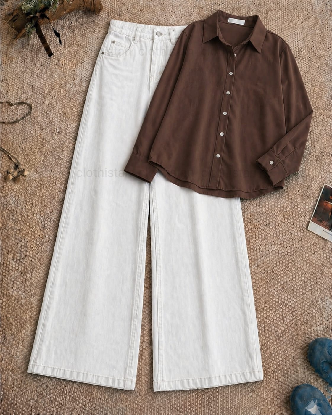 Button-Down Shirt & White Wide-Leg Jeans Pack of Two