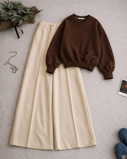 Sweatshirt and Beige High Waisted Beige Formal Pants as pack of two