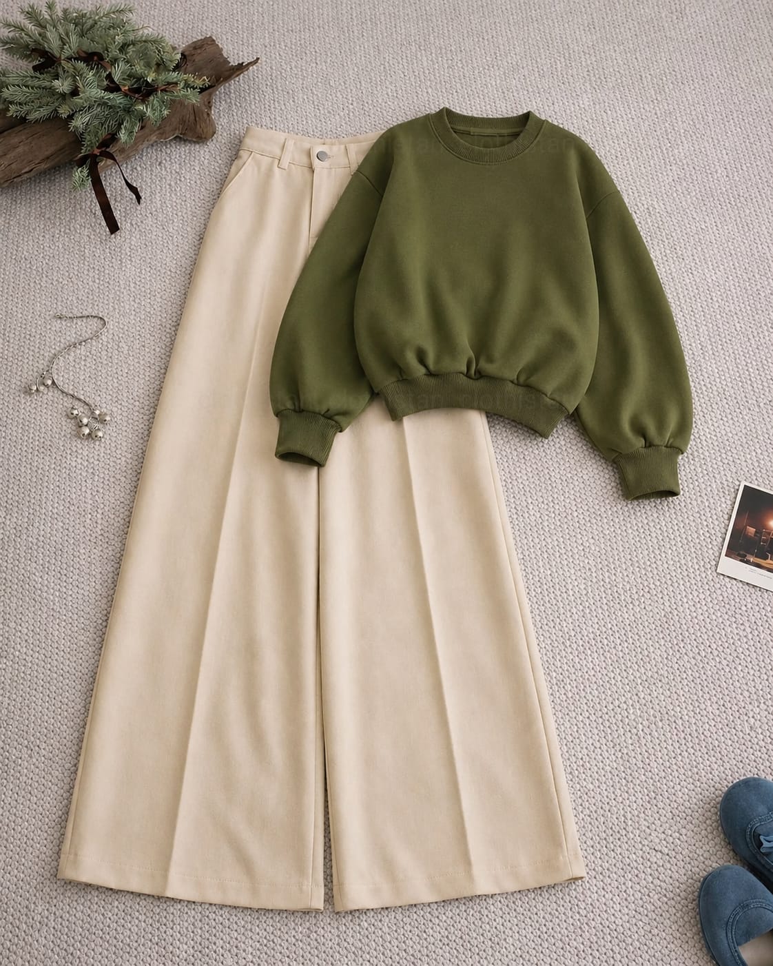 Sweatshirt and Beige High Waisted Beige Formal Pants as pack of two