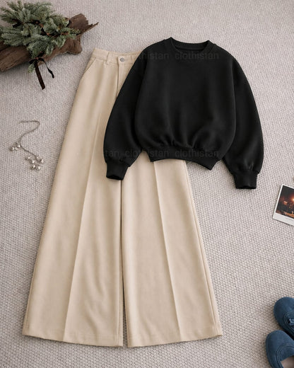 Sweatshirt and Beige High Waisted Beige Formal Pants as pack of two
