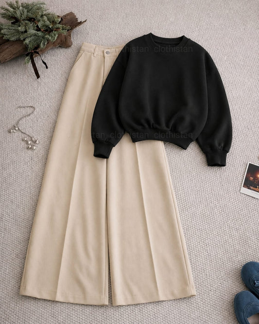 Sweatshirt and Beige High Waisted Beige Formal Pants as pack of two