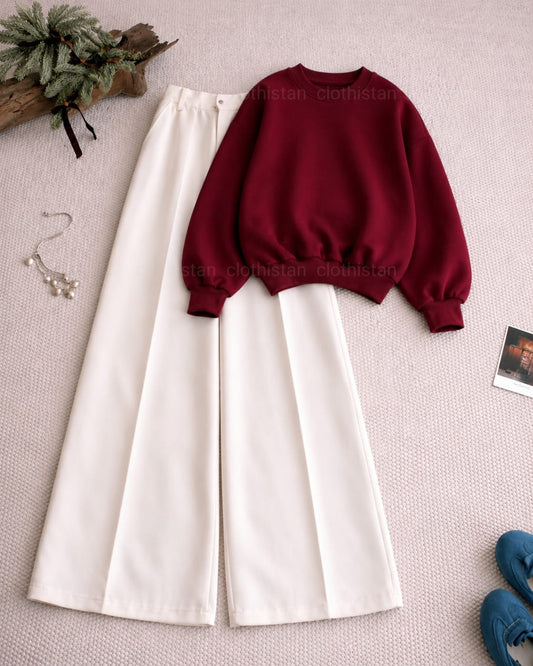 Sweatshirt and White High Waisted Beige Formal Pants as pack of two