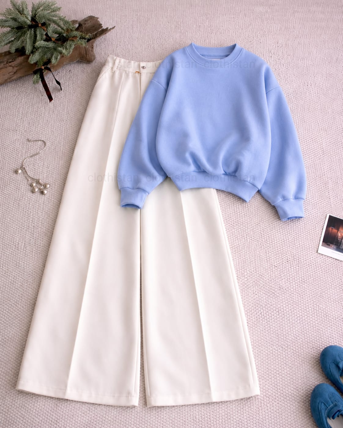 Sweatshirt and White High Waisted Beige Formal Pants as pack of two