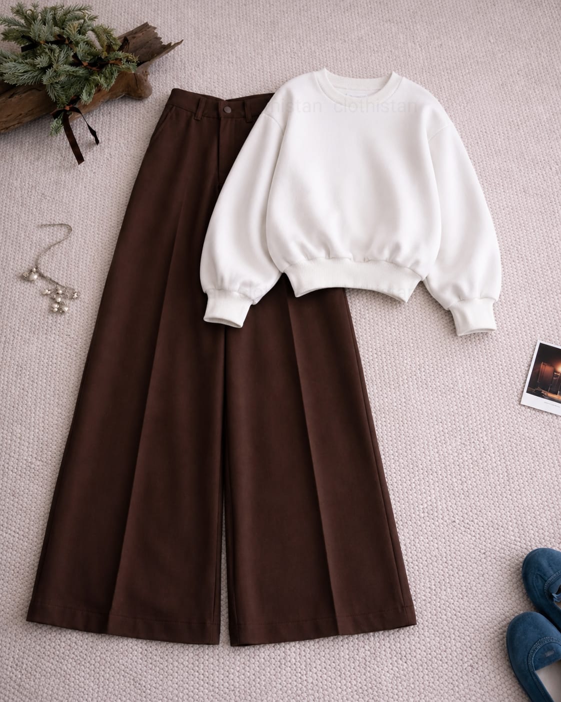 Sweatshirt and Brown High Waisted Beige Formal Pants as pack of two