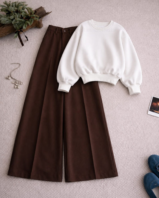 Sweatshirt and Brown High Waisted Beige Formal Pants as pack of two