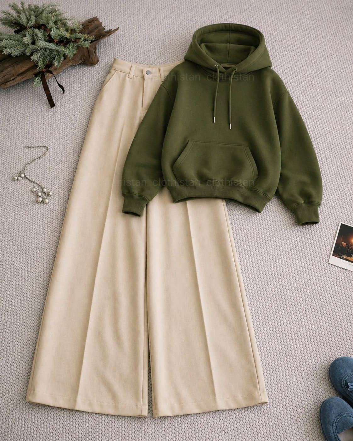 Hoodie and Beige High Waisted Formal Pants