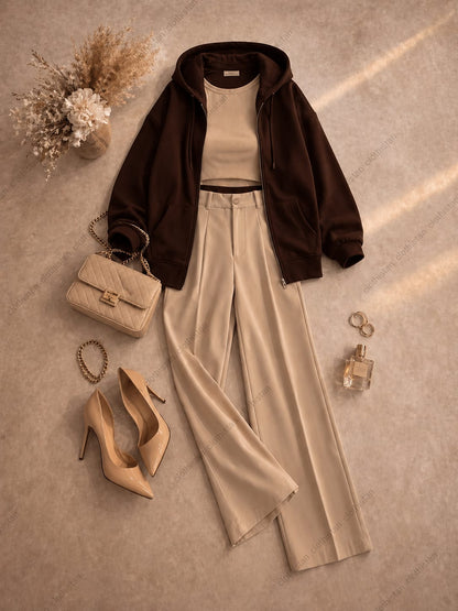 Zipper hoodie, Beige Tank top and Beige Formal Pants as pack of three