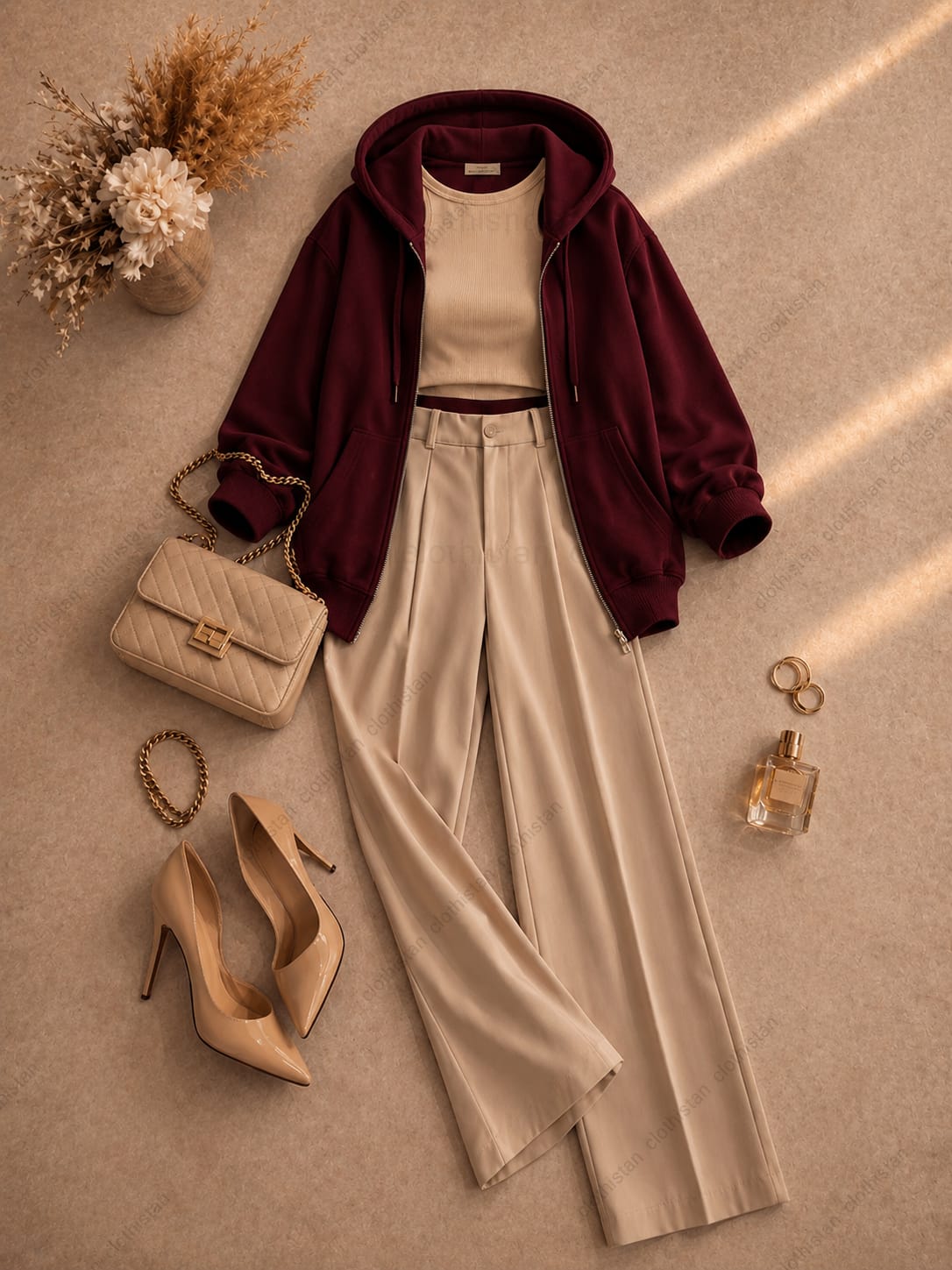 Zipper hoodie, Beige Tank top and Beige Formal Pants as pack of three