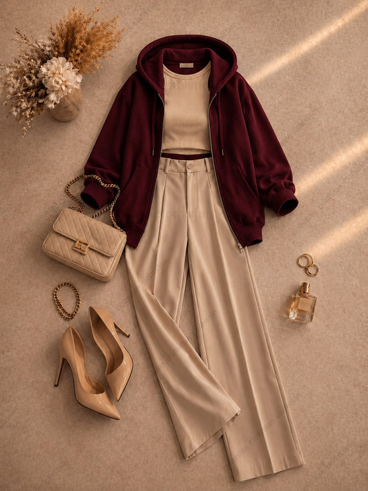Zipper hoodie, Beige Tank top and Beige Formal Pants as pack of three