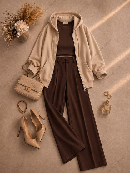 Zipper hoodie, Brown Tank top and Brown Formal Pants as pack of three