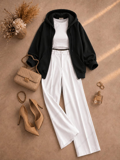 Zipper hoodie, White Tank top and White Formal Pants as pack of three