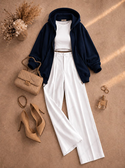 Zipper hoodie, White Tank top and White Formal Pants as pack of three