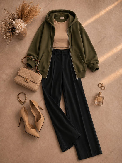 Zipper hoodie, Beige Tank top and Black Formal Pants as pack of three
