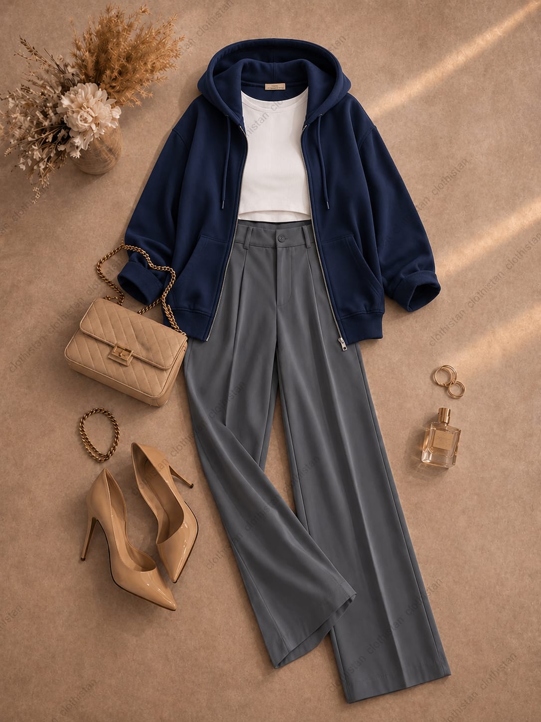 Zipper hoodie, White Tank top and Grey Formal Pants as pack of three