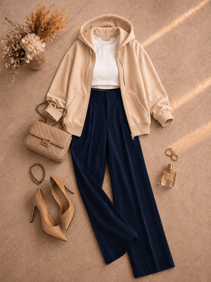 Zipper hoodie, White Tank top and Navyblue Formal Pants as pack of three