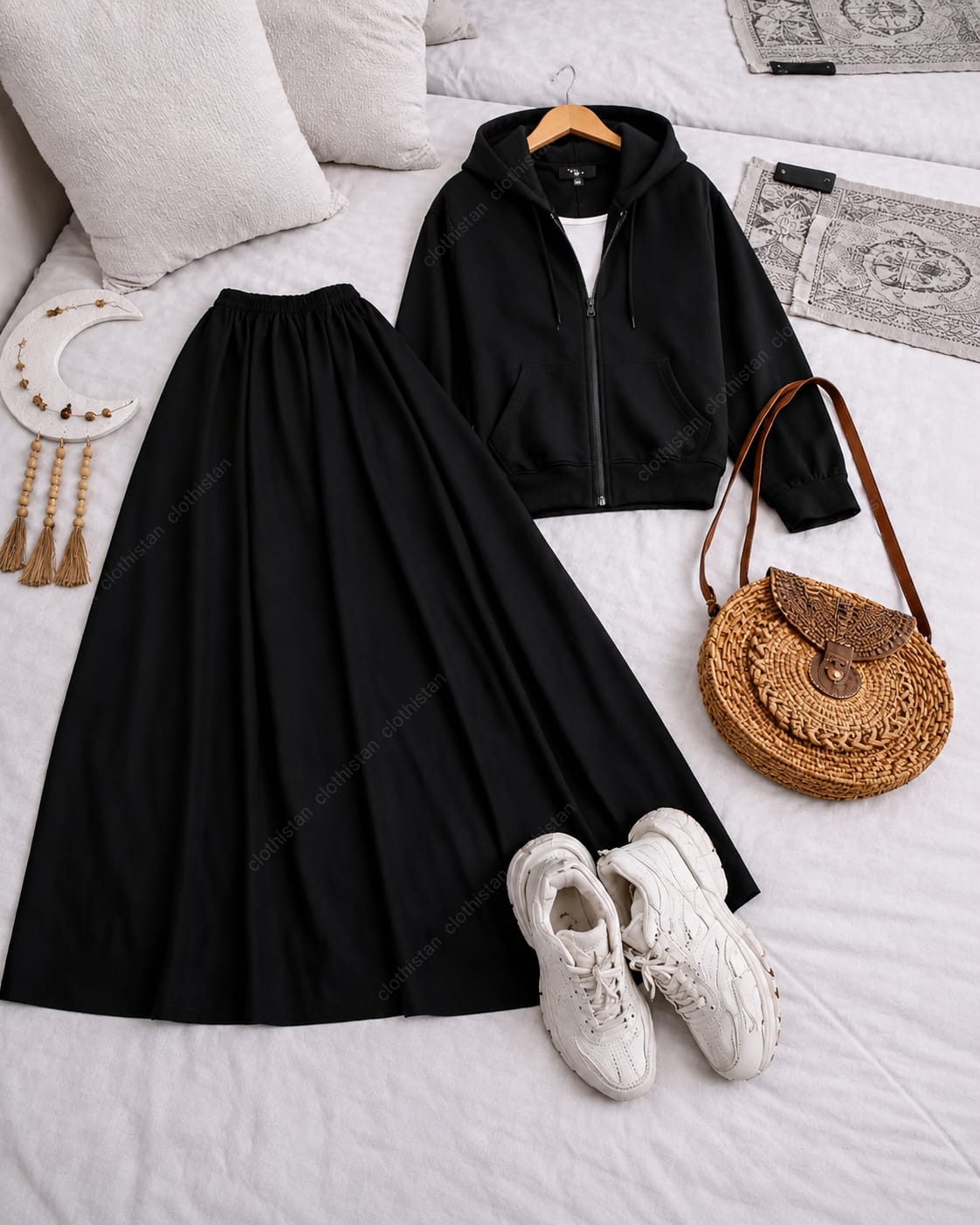 Zipper hoodie, White Tank top and Black Skirt as pack of three