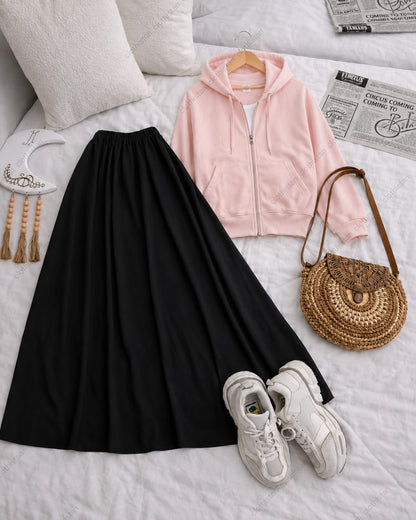 Zipper hoodie, White Tank top and Black Skirt as pack of three