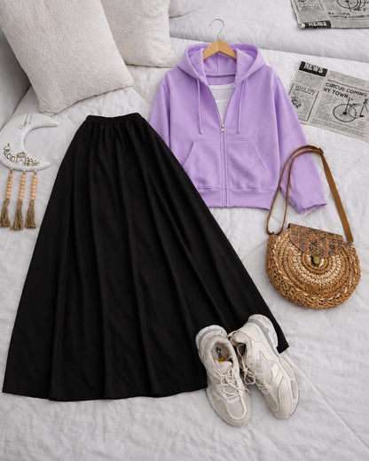 Zipper hoodie, White Tank top and Black Skirt as pack of three