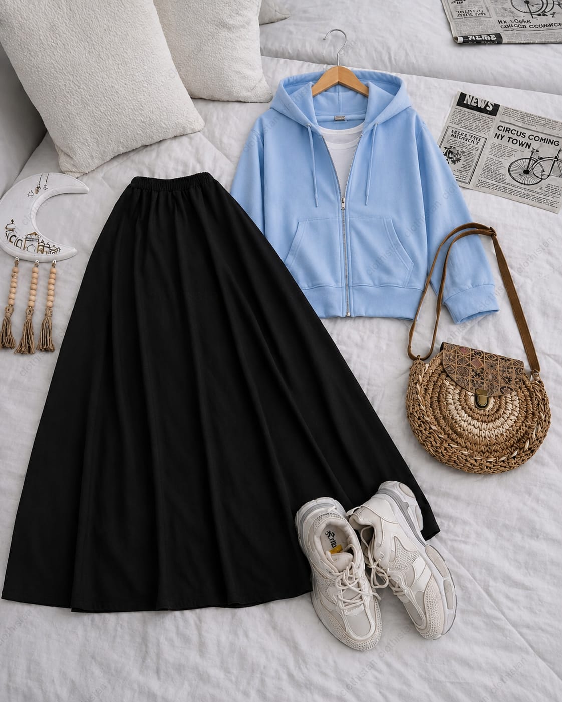 Zipper hoodie, White Tank top and Black Skirt as pack of three