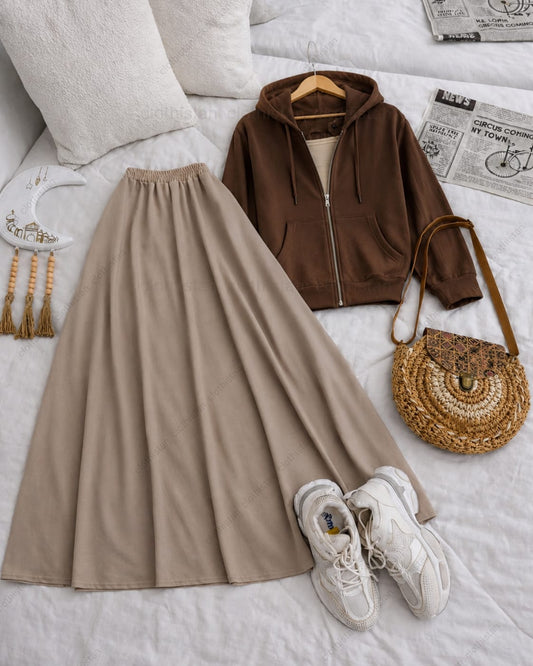 Zipper hoodie, Beige Tank top and Beige Skirt as pack of three