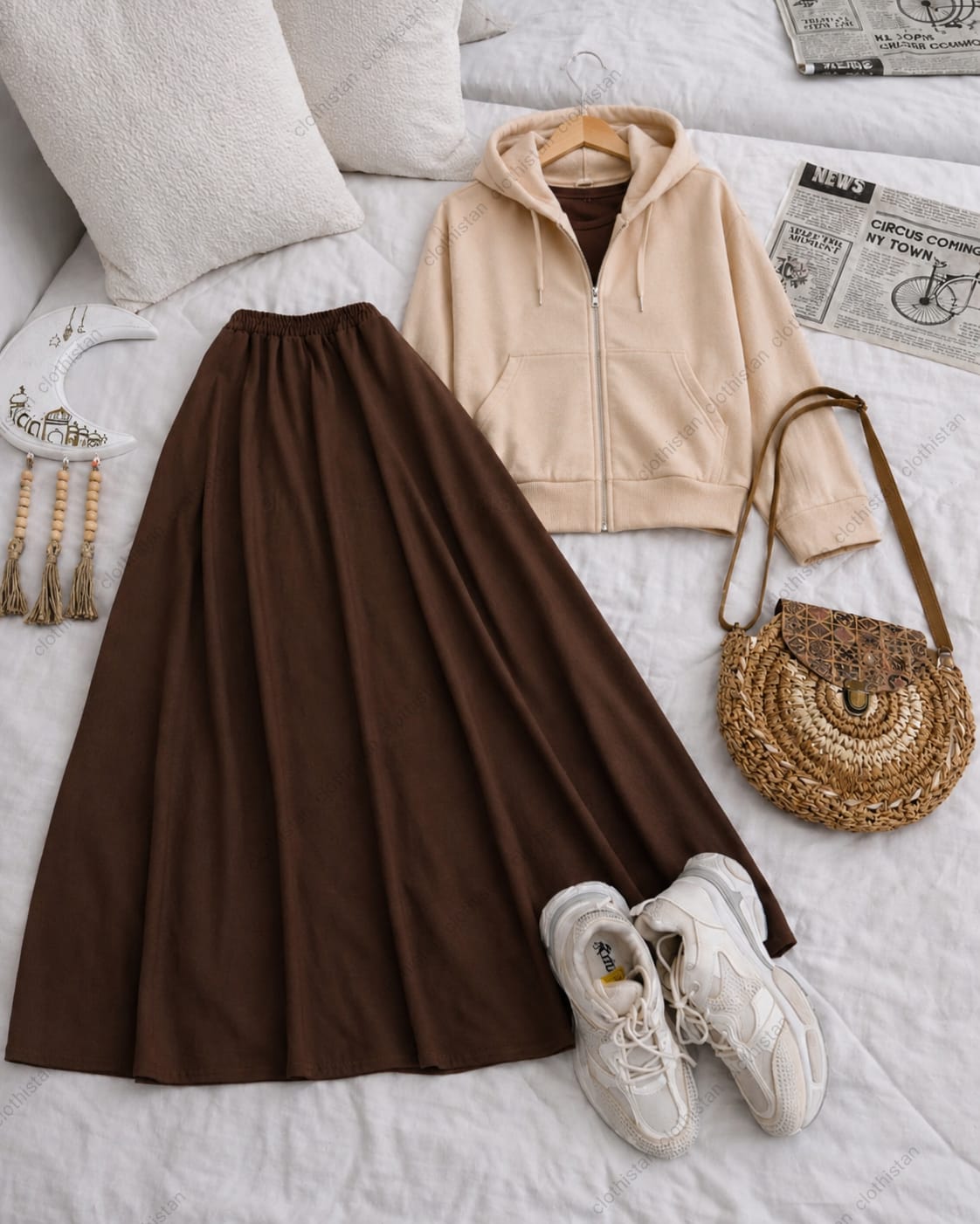 Zipper hoodie, Brown Tank top and Brown Skirt as pack of three
