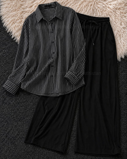 Stripes Button-Down Shirt & Black Wide-Leg Trouser Pack of Two
