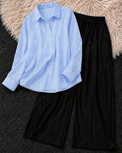 Stripes Button-Down Shirt & Black Wide-Leg Trouser Pack of Two